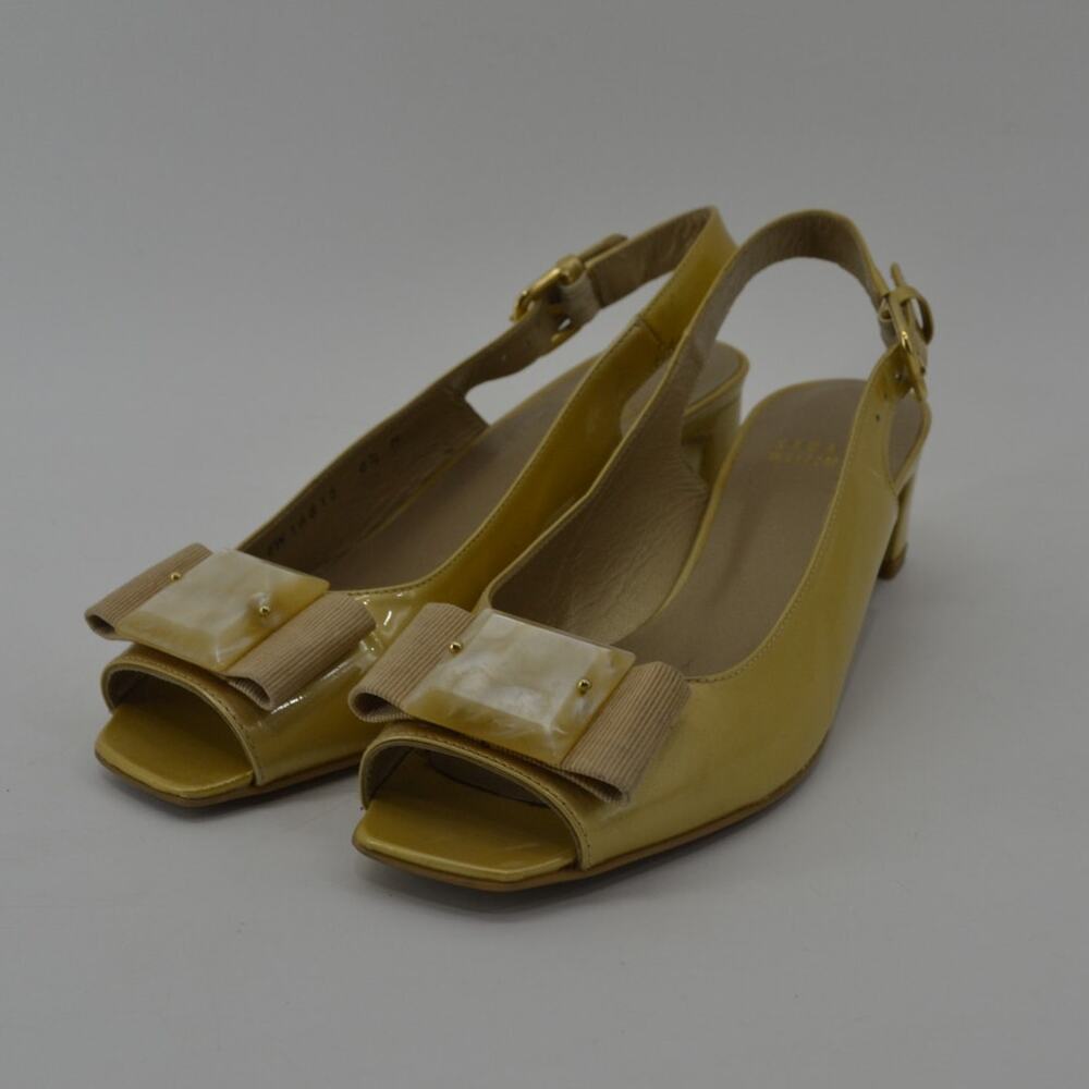 Stuart Weitzman Womens Size 6.5 Gold Patent Leather Block Heel Bow